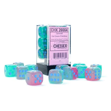 Chessex - 16mm Gemini Luminary Gel Green-Pink with Blue (12)