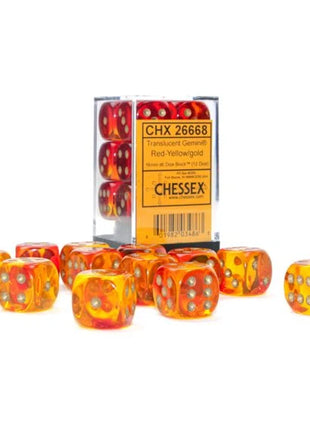 Chessex - 16mm Gemini Translucent Red-Yellow with Gold (12)