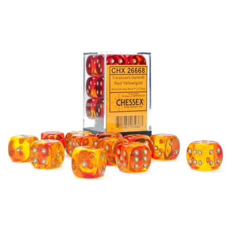 Chessex - 16mm Gemini Translucent Red-Yellow with Gold (12)