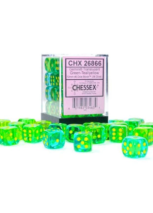 Chessex - 12mm Gemini Translucent Green-Teal with Yellow (36)