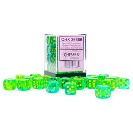 Chessex - 12mm Gemini Translucent Green-Teal with Yellow (36)