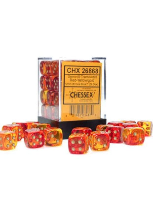 Chessex - 12mm Gemini Translucent Red-Yellow with Gold (36)