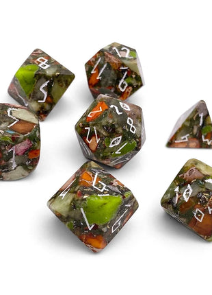 Norse Foundry: Olivine Orange Imperial Jasper with Brass- 7 Piece Dice
