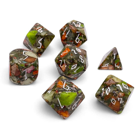 Norse Foundry: Olivine Orange Imperial Jasper with Brass- 7 Piece Dice